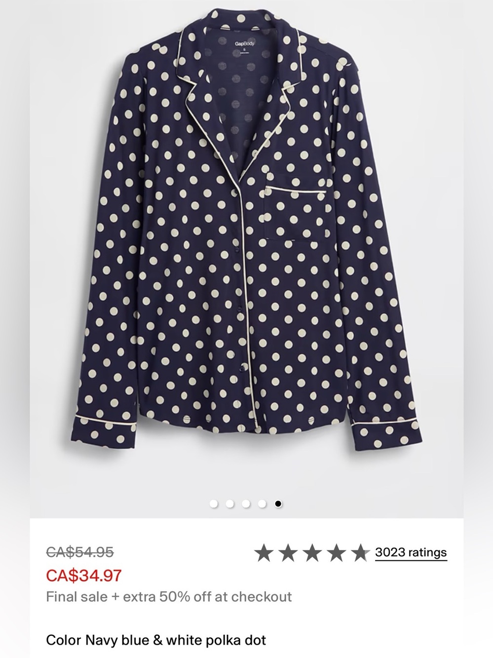 NWT GapBody SoftMade Modal PJ Top Navy Blue White Polka Dot Size XL TOP ONLY